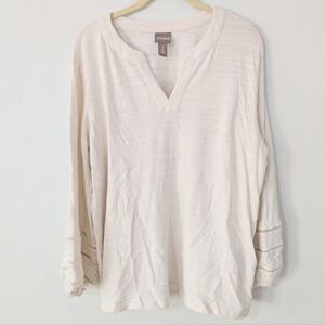 Chico's Balloon Sleeve Peasant Top Split Neck Long Sleeve Knit Beige 3 XL